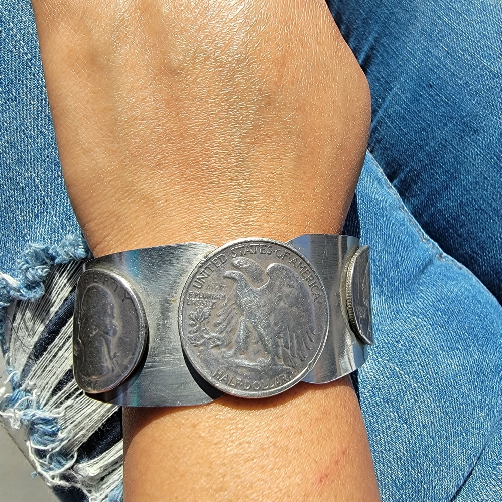 Solid Silver America Eagle Walking Liberty Half Dollar Bracelet (Hand Made)